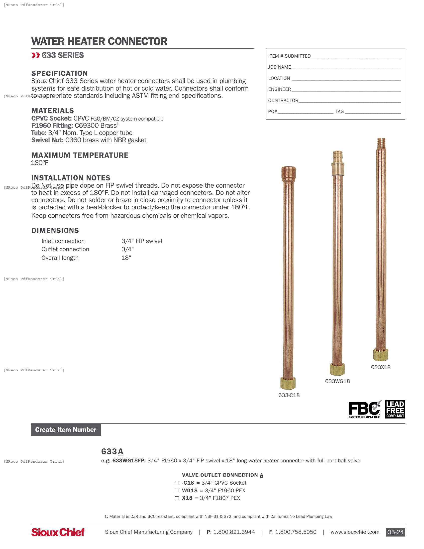 633 SERIES - WATER HEATER CONNECTORS - SPEC SHEET.PDF Specification Document